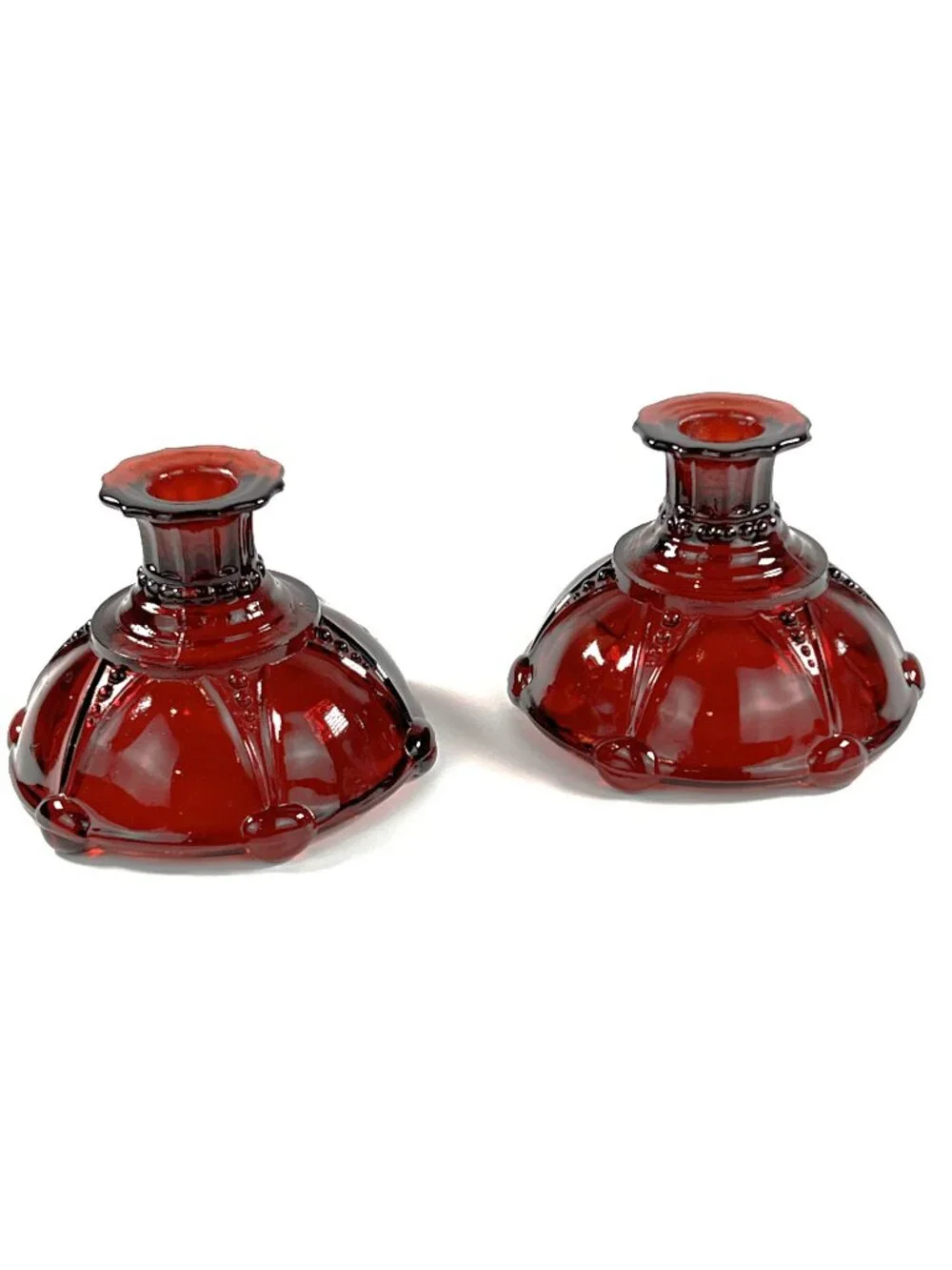 Pair Of Vintage Anchor Hocking Royal Ruby Oyster & Pearl Candle Holders